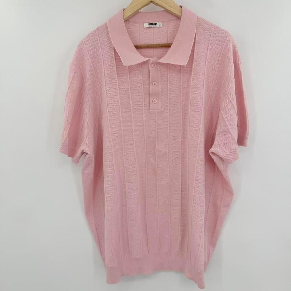 Coofandy Mens Pink Ribbed Knit Polo Shirt Short Sleeve Viscose Size 3XL